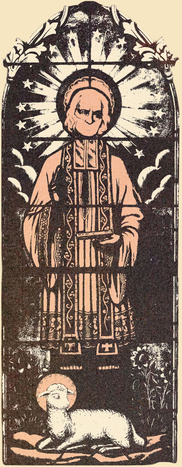 Stained-glass style illustration of a robed saint holding a book, with a haloed lamb resting below